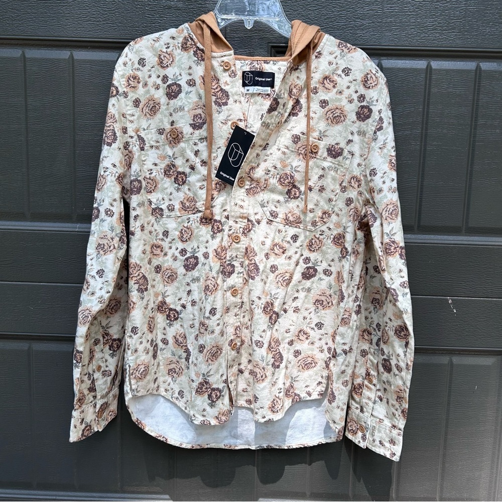Original Use | Floral Button-Up Shirt with Hood - shacket/flannel unisex